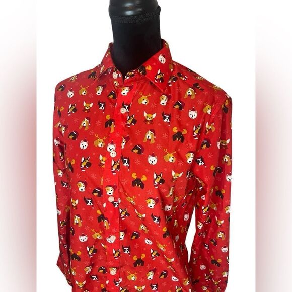 SIMON BANKS CHRISTMAS FESTIVE HOLIDAY PARTY SANTA CLAUS DOG BUTTON UP MENS SMALL - Picture 3 of 9